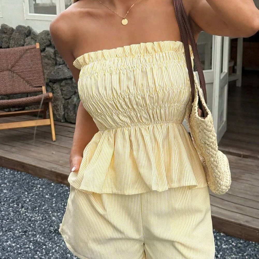 Yellow Boho Womens Striped tube Top And Shorts Set - Picture 11 of 11